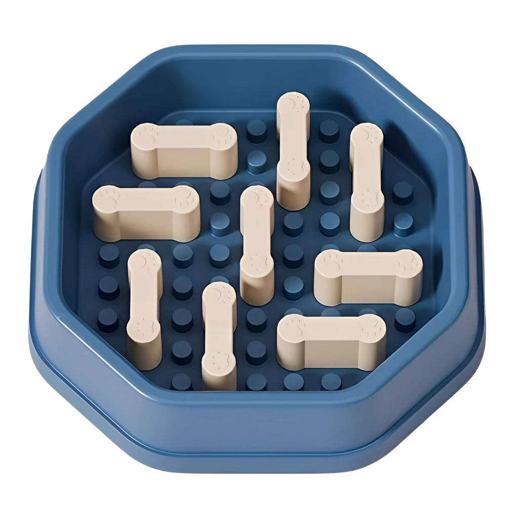 Blue color adjustable difficulty slow feeder dog bowl