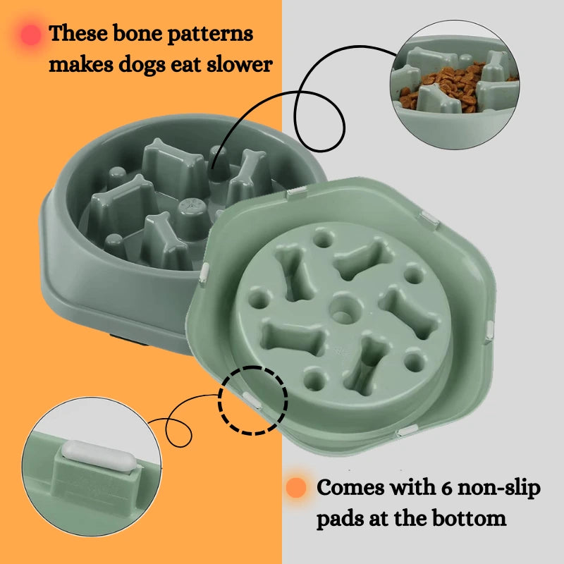 Slow feeder dog bowl with bone-shaped pattern and 6 anti-slip pads to prevent fast eating