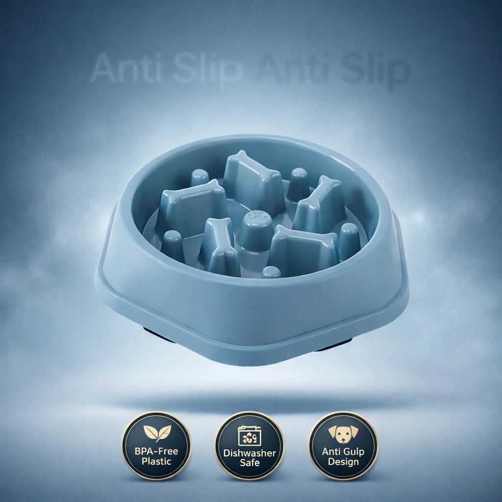 Blue slow feeder dog bowl with bone-shaped pattern, featuring text and badges showcasing its features: “BPA-free plastic,” “dishwasher safe,” and “anti-gulp design.”