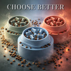 Three slow feeder dog bowls with bone-shaped patterns in different colors and textures, surrounded by scattered dog treats on a gradient background.