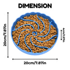 Blue silicone slow feeder dog bowl showing its dimensions
