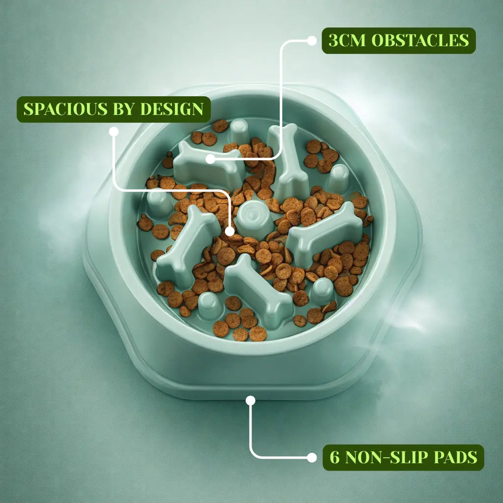 Showcasing the features of a green slow feeder dog bowl with bone-shaped maze pattern.