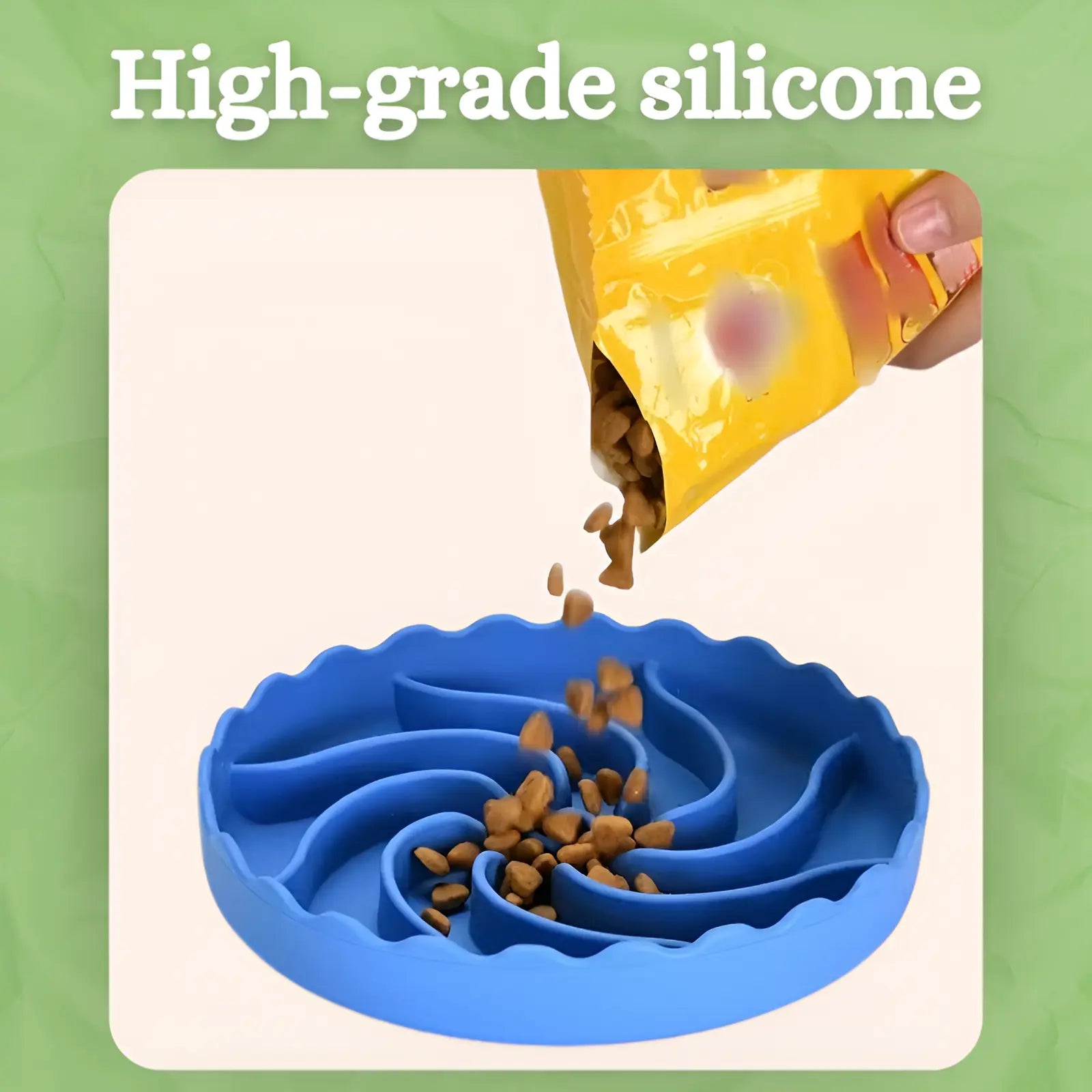 High-grade blue silicone pet feeder with food being poured into it.
