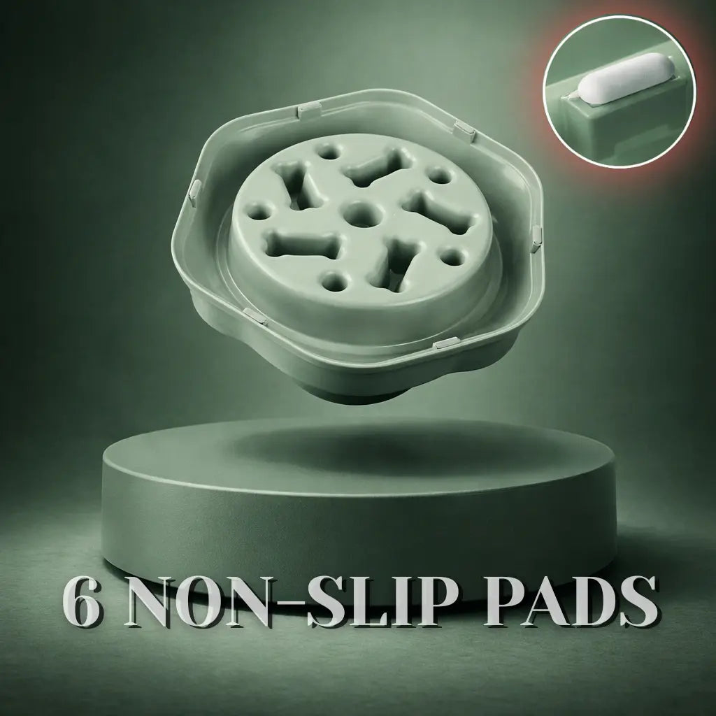 Green slow feeder dog bowl with bone-shaped maze pattern, highlighting its non-slip pad and detailed texture on a dark green background.